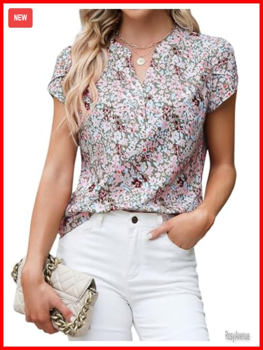 Dressy Casual Blouse with Split V-Neck, Cap Sleeves, Button Front, Flowy